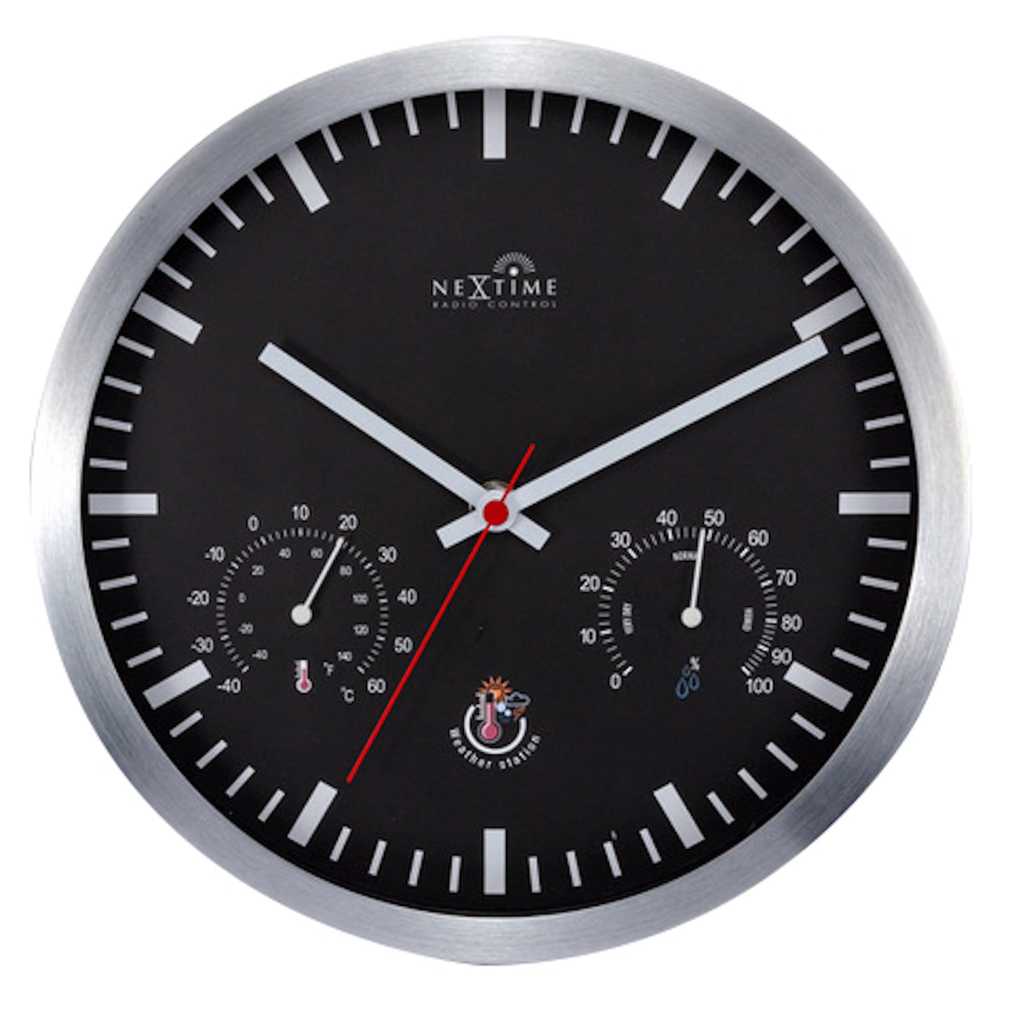 NeXtime Clocks station clock with weather station, 25cm wall clock, radio-controlled time display and weather information.